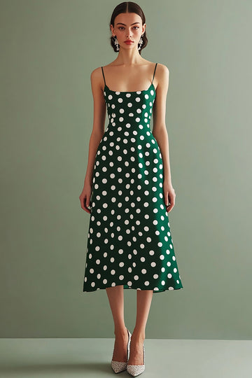 Grønn Hvit Spaghetti Stropper A Line Midi Polka Dots Kjole